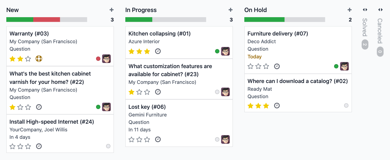 Odoo Helpdesk ticket overview referans ekranı