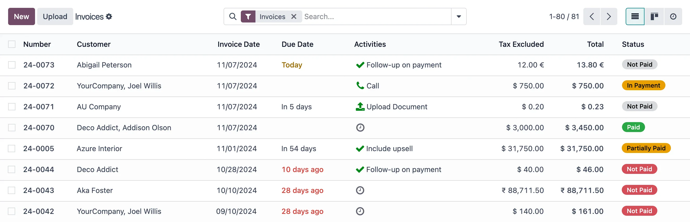 Odoo e-Fatura ödeme takip ekranı
