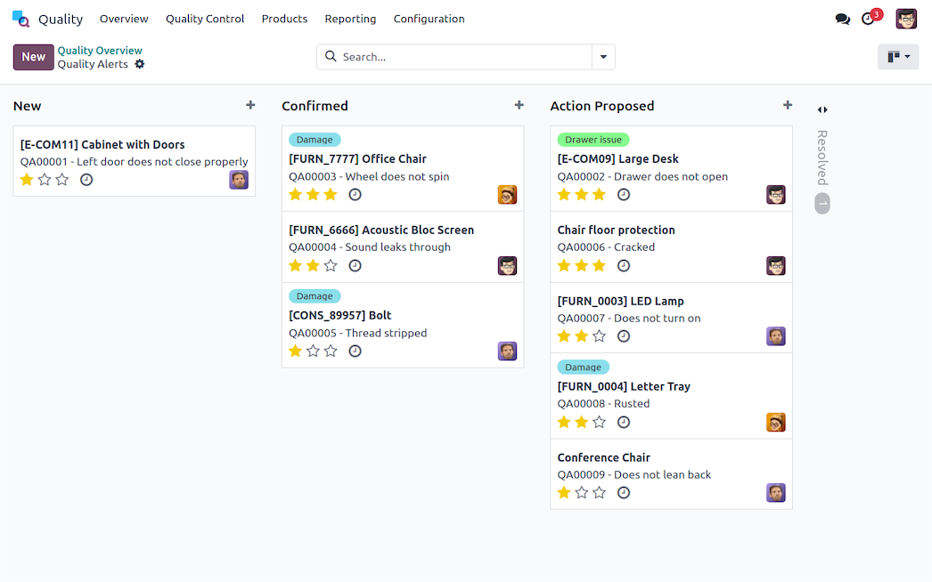 Odoo Kalite Kontrol modülü arayüzü